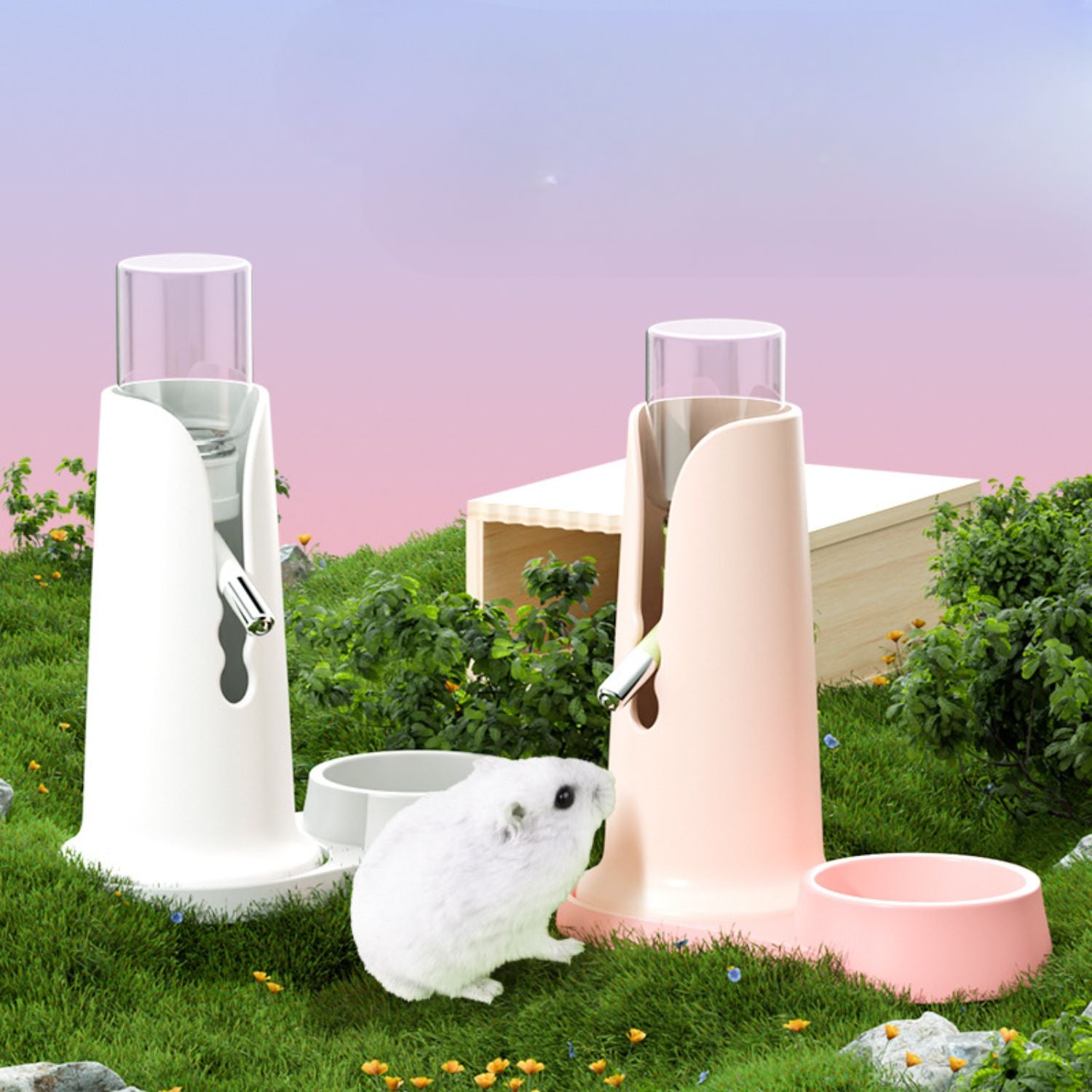 hamster drinkfontein staand buiten met hamster in beeld